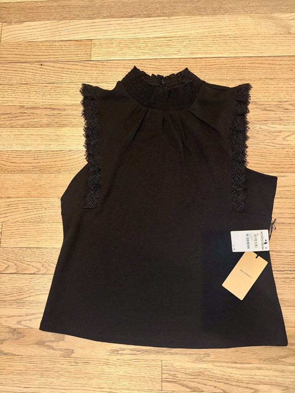 Halogen Black Mock Neck Sleeveless Top Lace Trim L NWT